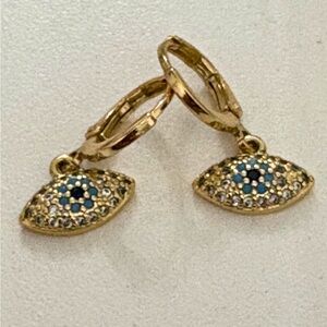 Gold-Tone Dangle Earrings with Blue Crystal Eye Accent